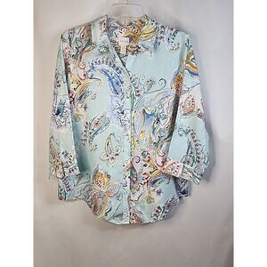 Chico’s Effortless Linen Whimsy Paisley Sina Shirt 1 (Sz M) Blue